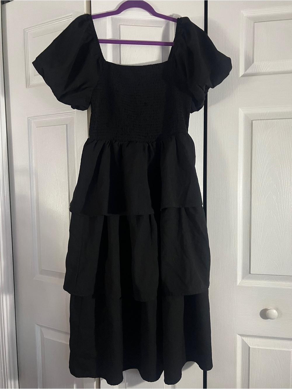 Smocked Bodice Black Tiered Maxi Dress with Puff Sleeves
